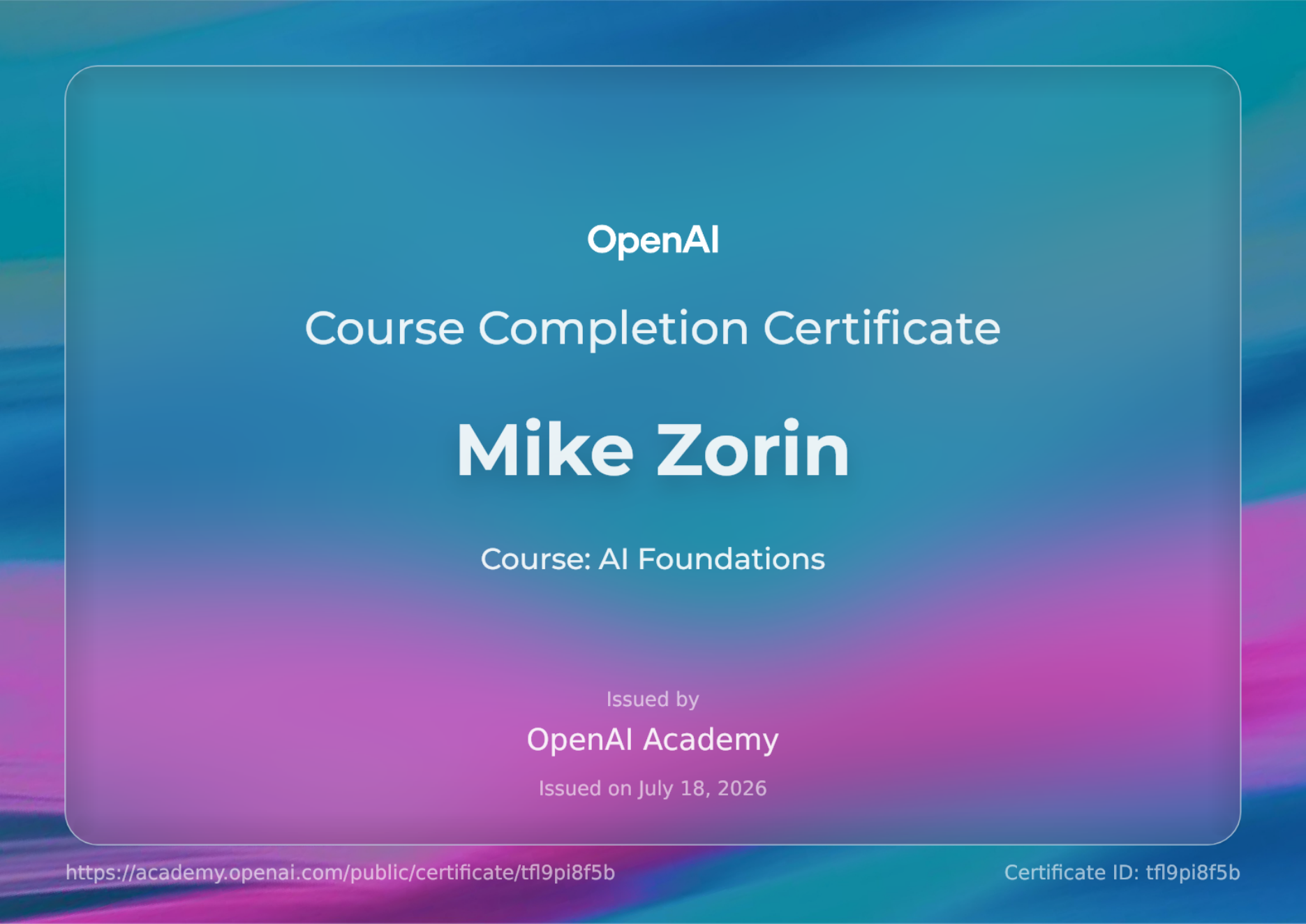 Сертификат Mike Zorin о завершении курса AI Foundations в OpenAI Academy
